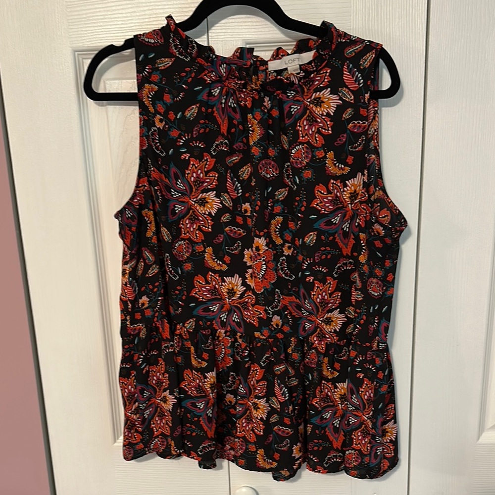 LOFT Orange and Red Ruffled Sleeveless Blouse